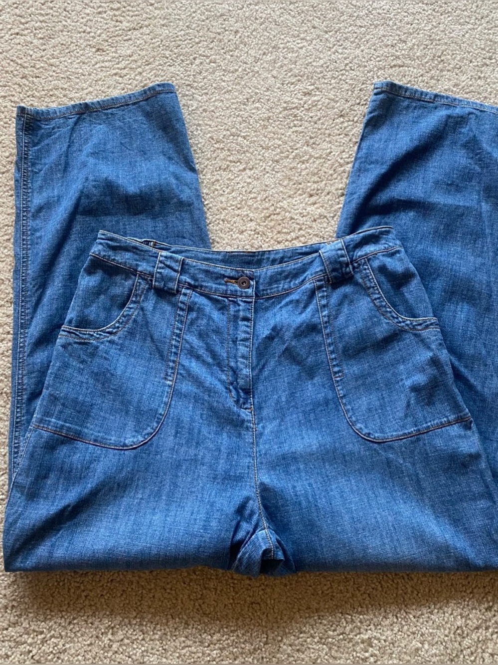 Denim & Co. Coastal Blue Wide Leg Utility Trousers Elastic Waist L